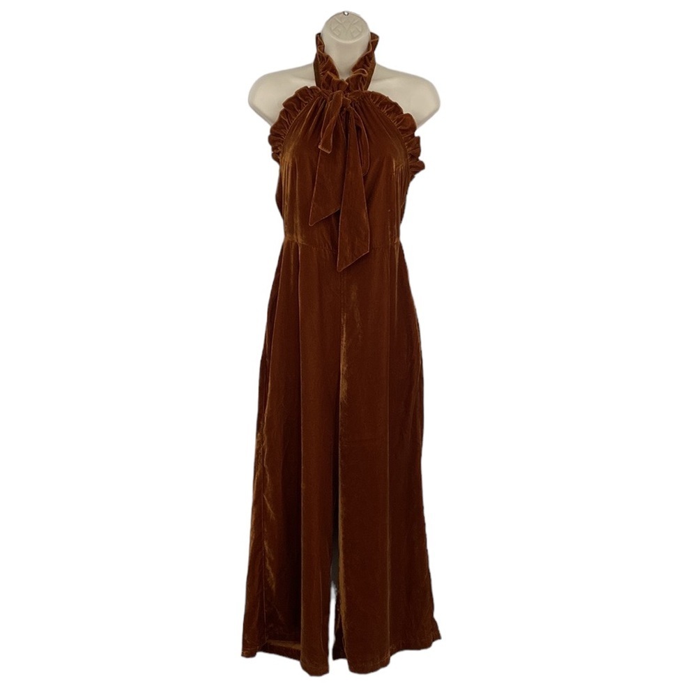 Anthropologie Kristinit Jumpsuit Womens Small Velvet Spicy Orange Halter Ruffle